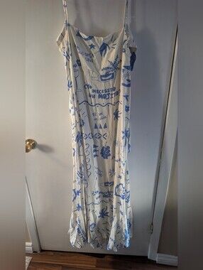 Women’s Beige and Blue Printed Maxi Dress - Elegant Summer Style
